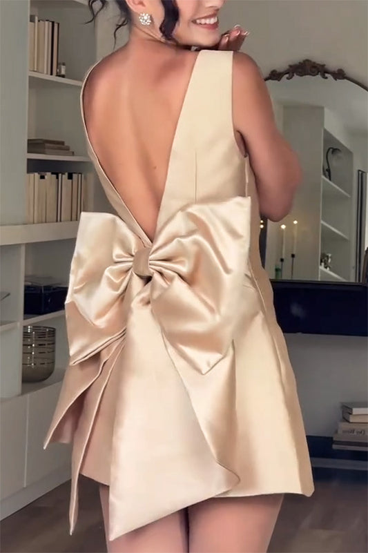 Mini waist cinching sexy satin oversized bow detail square neck mini dress