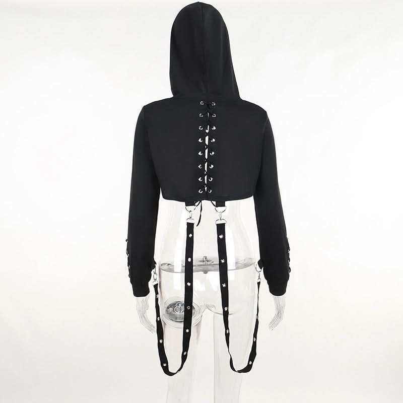 Hoodie long sleeve o ring lace up top
