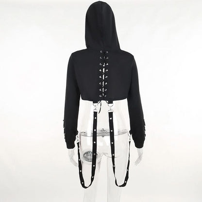 Hoodie long sleeve o ring lace up top