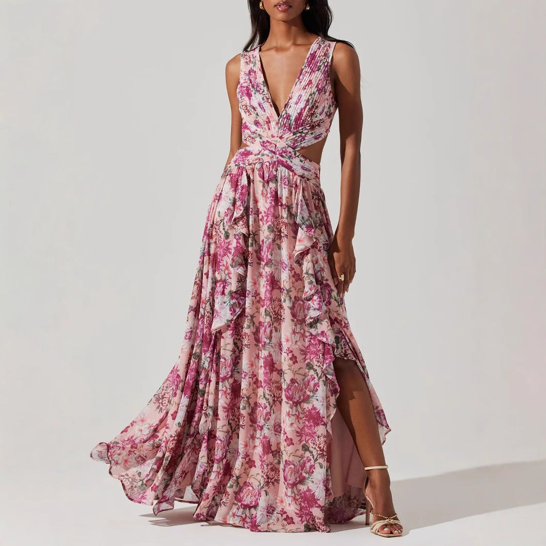 Sweet Floral Tiered Maxi Dress with Side Slit French Style