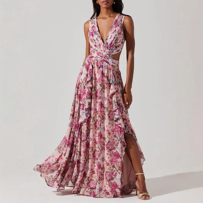 Sweet Floral Tiered Maxi Dress with Side Slit French Style