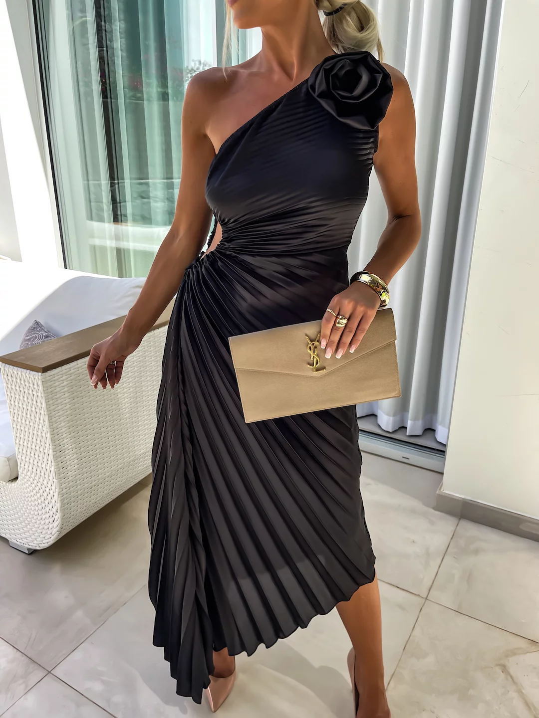 Romantic Nights Satin Raised Flower Elastic Cutout One Shoulder Pleated Maxi Dress