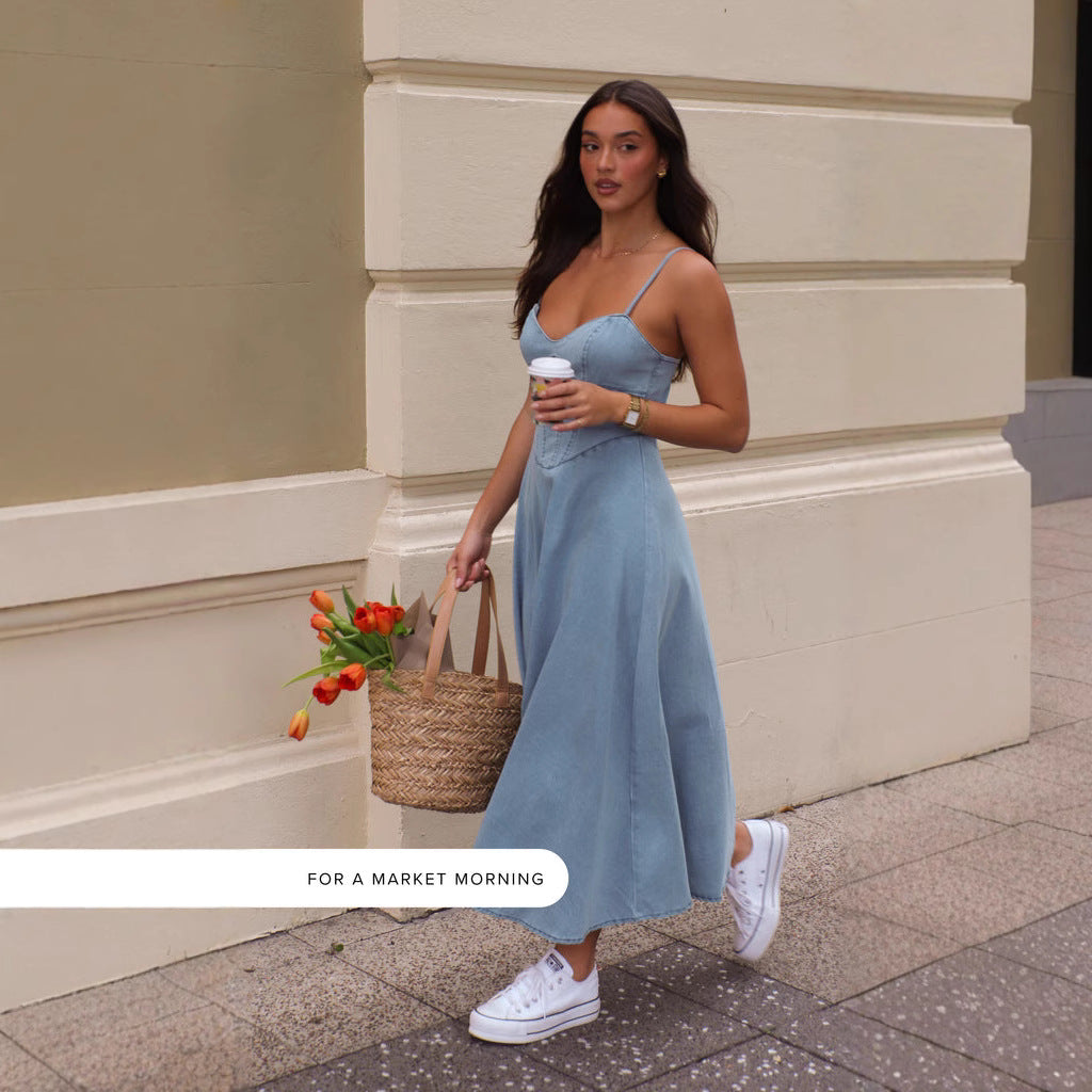 Denim Sweetheart Bustier Spaghetti Strap Basque Waist A-Line Midi Dress