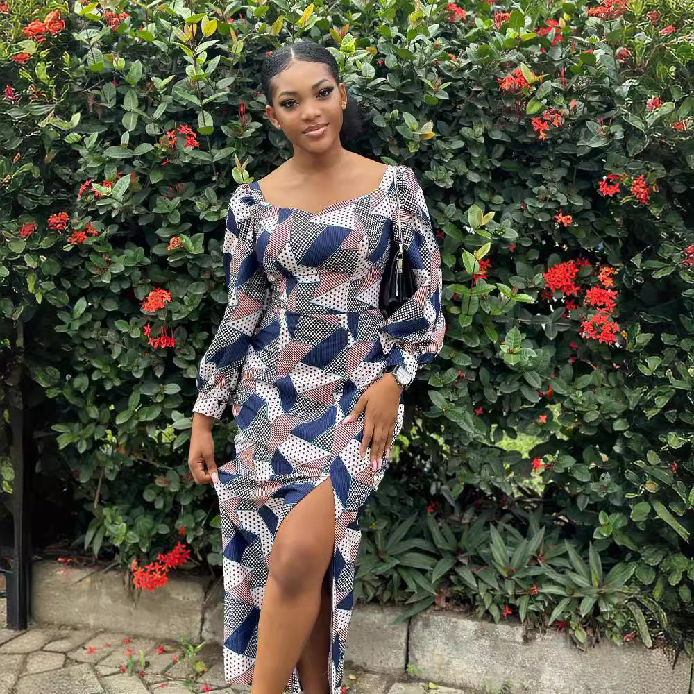 Square Neck Puff Sleeve Geometric Polka Dot Print High Slit Midi Dress