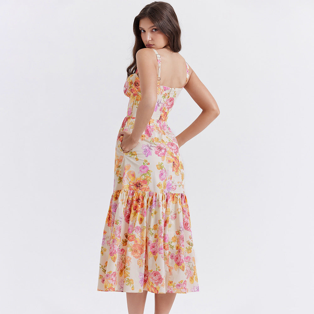Square Neck Bustier Floral Ruffle Tier Pocket Midi Dress