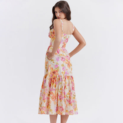 Square Neck Bustier Floral Ruffle Tier Pocket Midi Dress