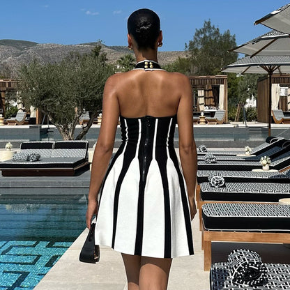 Halter Deep V Vertical Striped Knit Fit and Flare Mini Dress