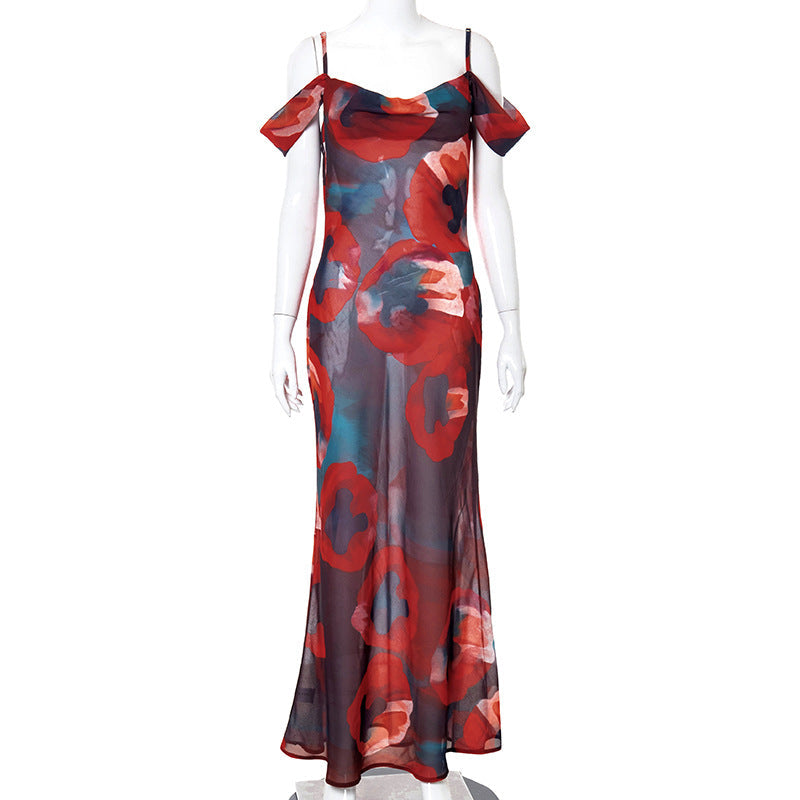 Printed Straps Sleeveless High Waist off-Shoulder Elegant Dress for