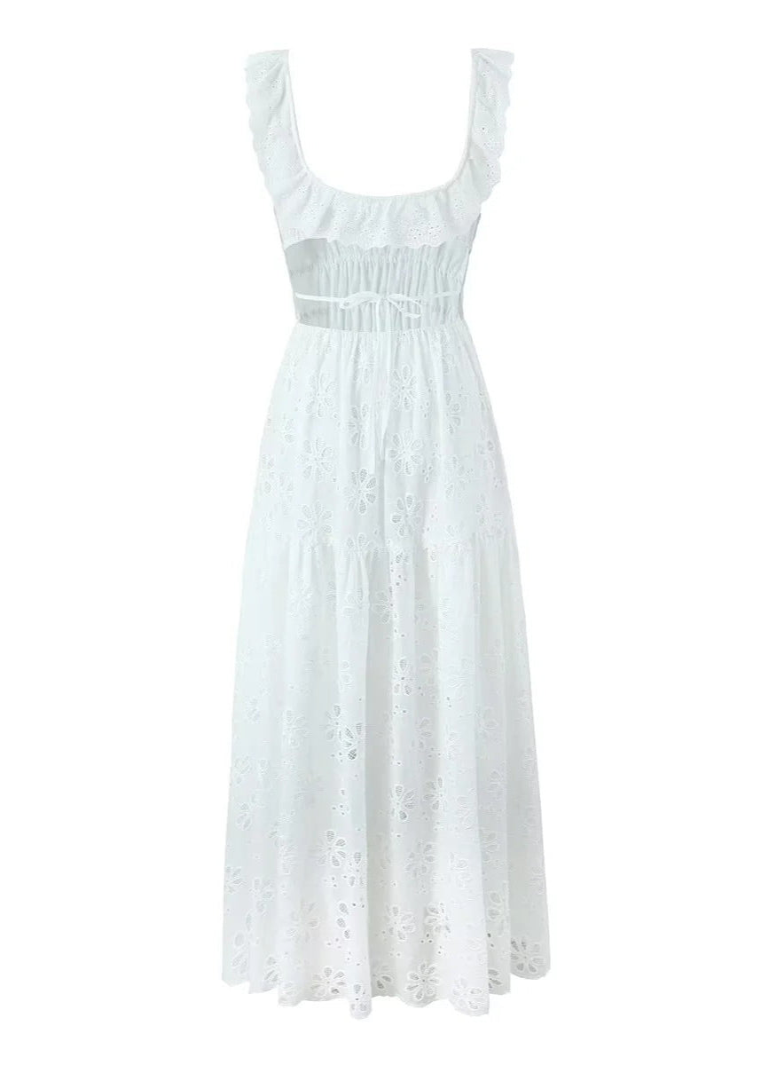 Fiorella Embroidered Maxi Dress – Eyelet Cotton Dress with Open Back & Ruffle Straps