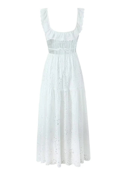Fiorella Embroidered Maxi Dress – Eyelet Cotton Dress with Open Back & Ruffle Straps