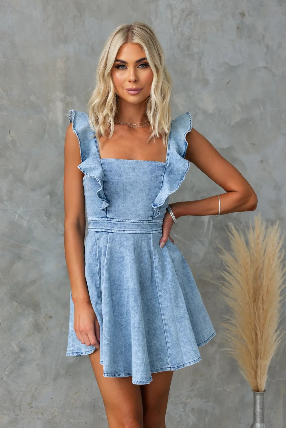 Square Neck Ruffle Strap Open Back Denim Mini Dress