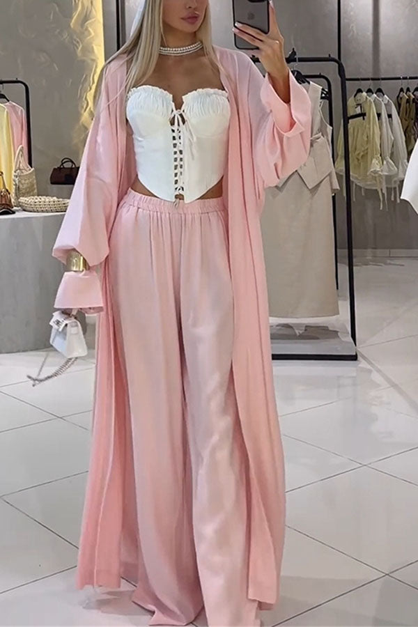 Beach Cottage Open Front Long Pleated Lantern Sleeve Long Cover-up Jacket