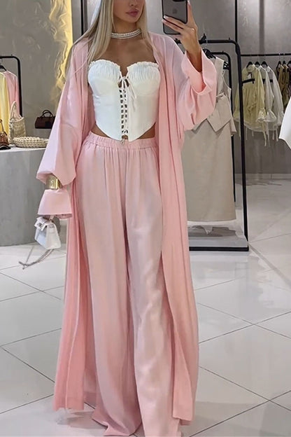 Beach Cottage Open Front Long Pleated Lantern Sleeve Long Cover-up Jacket