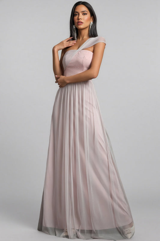 Ayven Pink One-Shoulder Mesh Maxi Dress