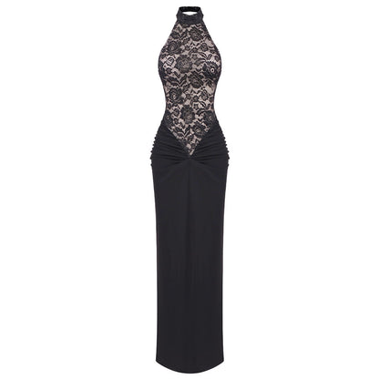 Sheer Cutout Lace Breathable Backless Sleeveless Black Slim Fit Dress Stretch