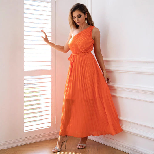 Elegant Collarless One Shoulder Party Dress Chiffon Pleated Waist Dress