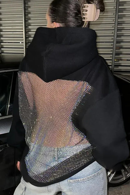 Fashionable Shiny Mesh Hollow Back Loose Long-sleeved Hooded Sweatshirt
