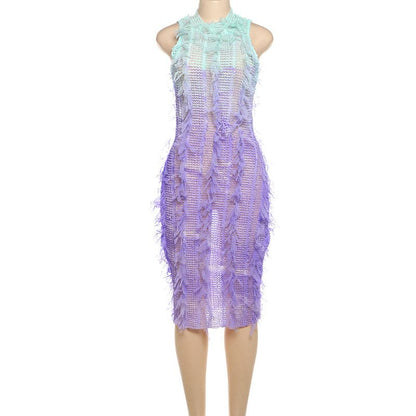 Gradient tassels hollow out see through crewneck cut out midi dress