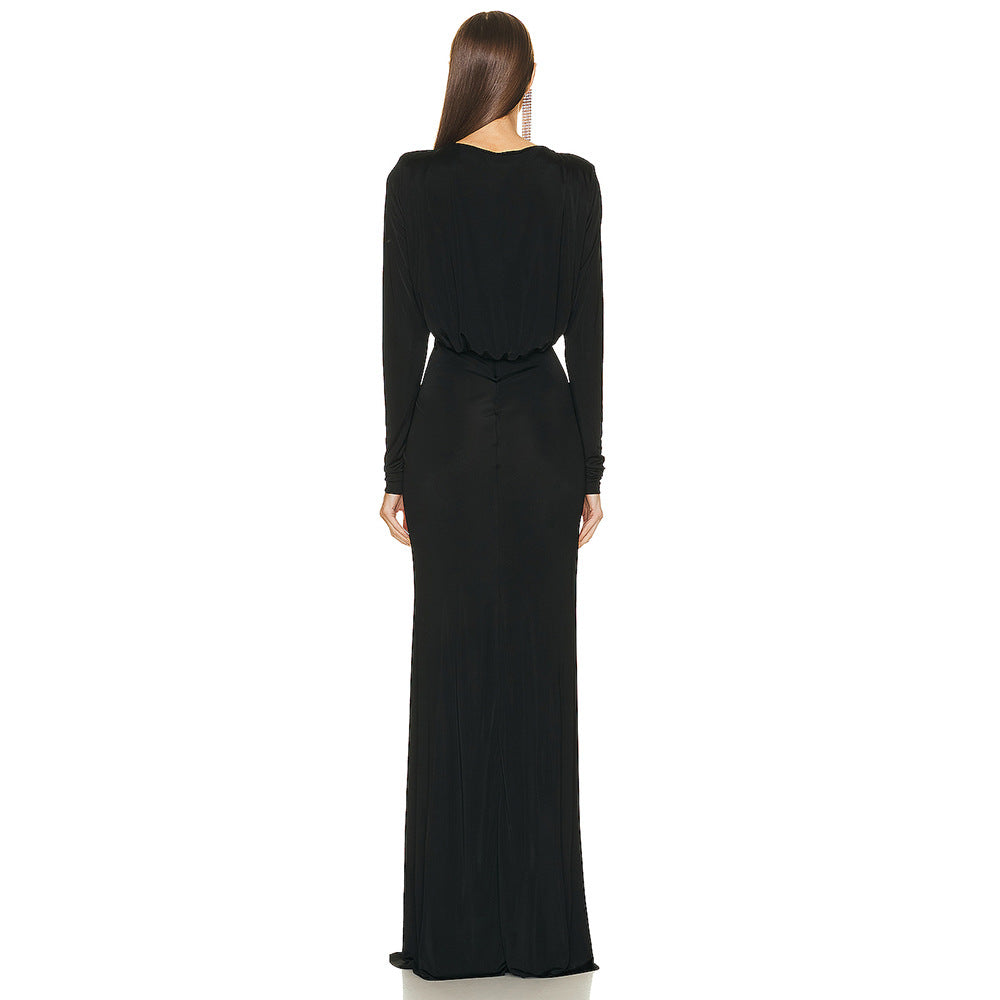 Diamond Cutout Twist Front Knotted Waist Draped Sleeve Maxi Dress