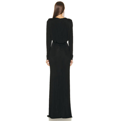Diamond Cutout Twist Front Knotted Waist Draped Sleeve Maxi Dress