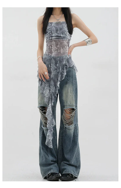 Vintage Distressed And Dirt-Dyed Patchwork Wide-Leg Jeans
