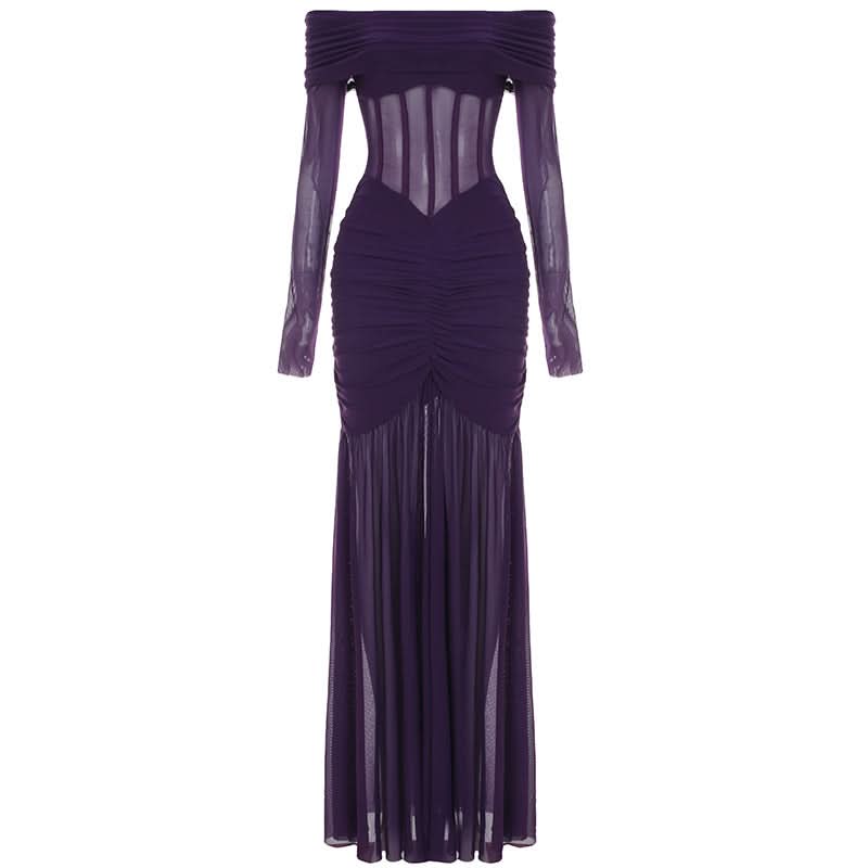 Long sleeve off shoulder mesh corset maxi dress
