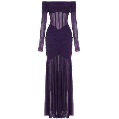 Long sleeve off shoulder mesh corset maxi dress