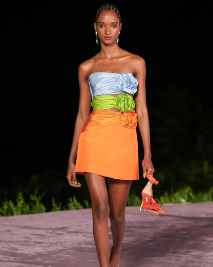 Strapless Color Block Rosette Trim Cutout Mini Dress