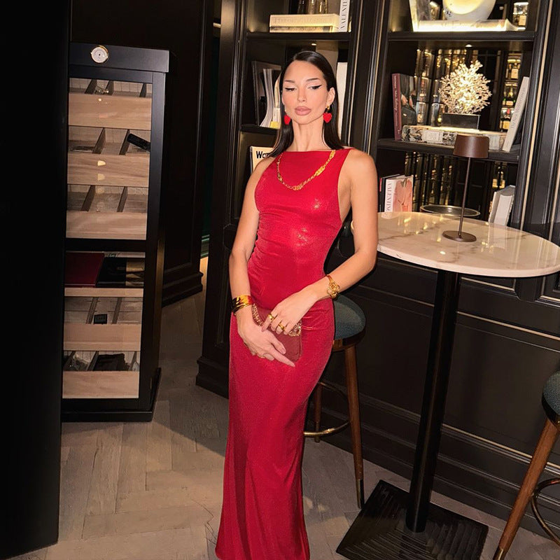 Glitter Boat Neck Sleeveless Bodycon Column Maxi Gown