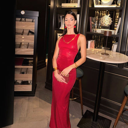 Glitter Boat Neck Sleeveless Bodycon Column Maxi Gown