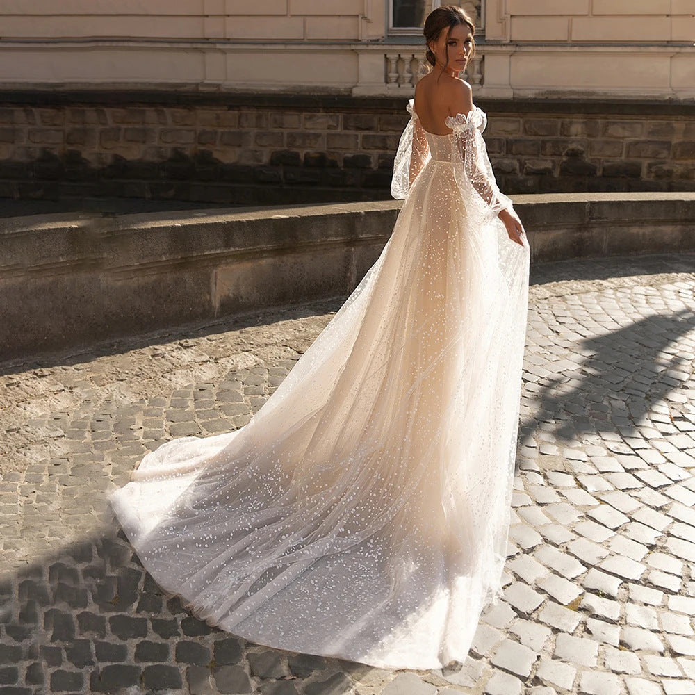 French Strapless Sheer Tulle Wedding Dress