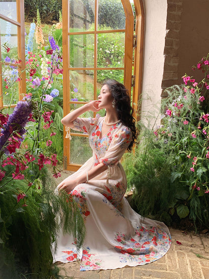 Summer Meadow Vintage Puff Sleeve Dress French Floral Maxi Gown