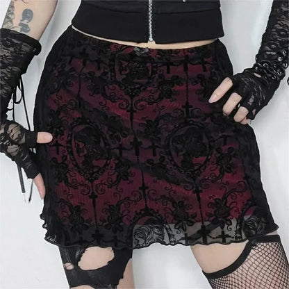 Print mesh bowknot ruffle mini skirt