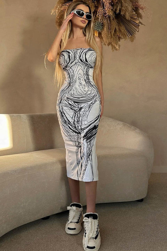 Agatha Print Strapless Midi Dress
