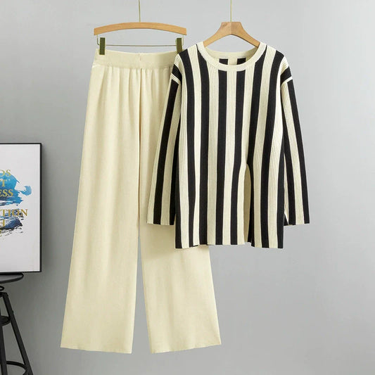 Apricot - Fashion Striped Split Hem Two Piece Set