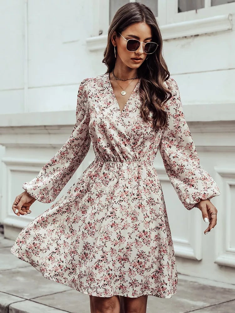 Wrap V-Neck Balloon Sleeve Elastic Waist Floral A-Line Mini Dress