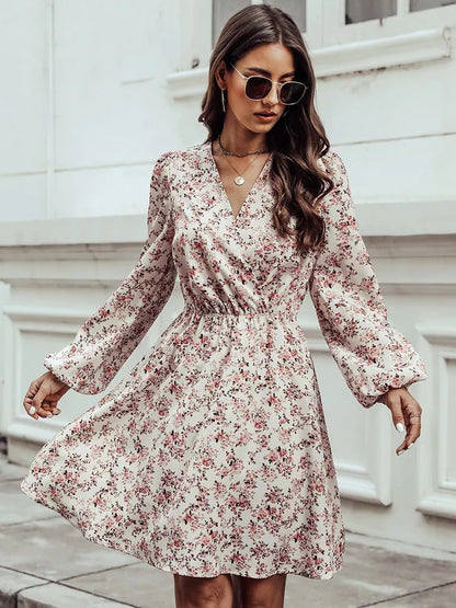 Wrap V-Neck Balloon Sleeve Elastic Waist Floral A-Line Mini Dress