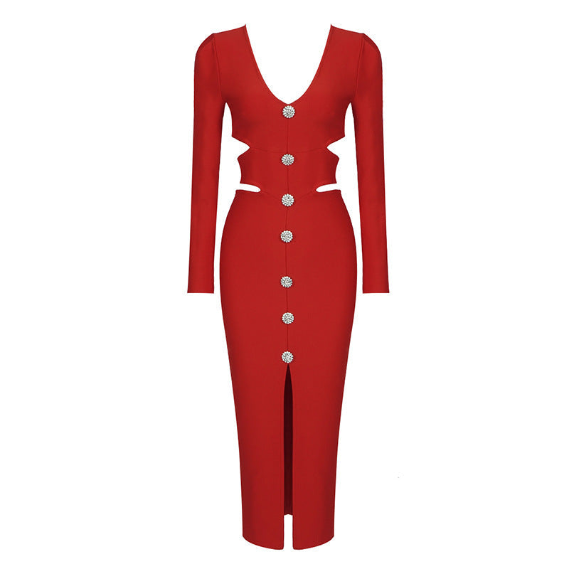 Rhinestone Button Deep V Waist Cutout Long Sleeve Front Slit Midi Dress