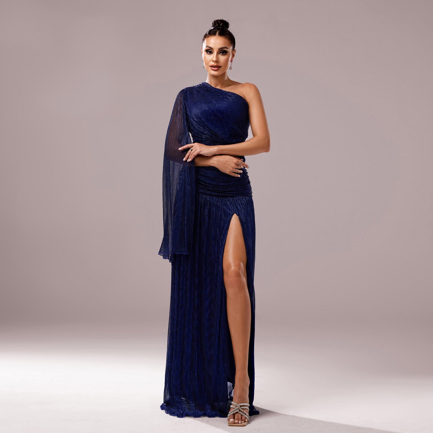 One-Shoulder Long Sleeve Slit Gown Elegant Evening Dress