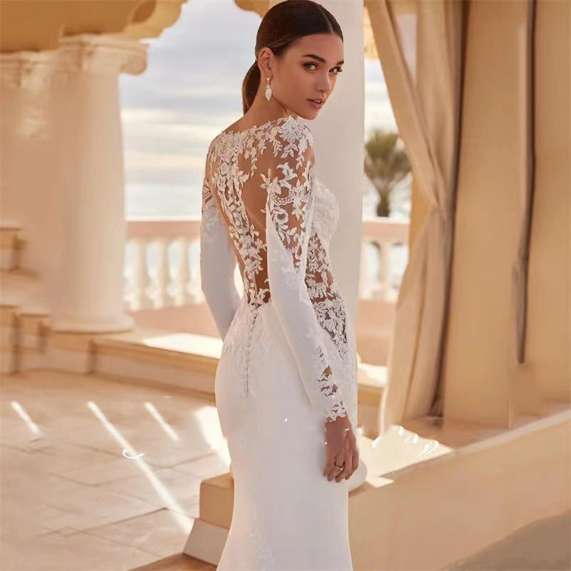 Long Sleeve Embroidered Beach Wedding Dress