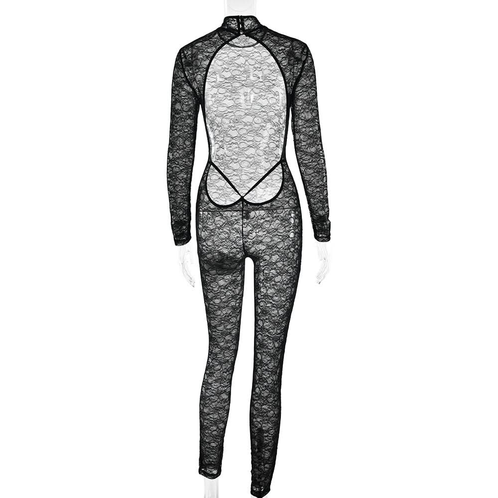 High neck long sleeve lace backless jumpsuit