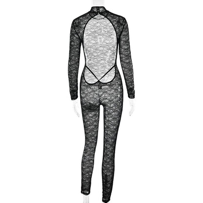 High neck long sleeve lace backless jumpsuit