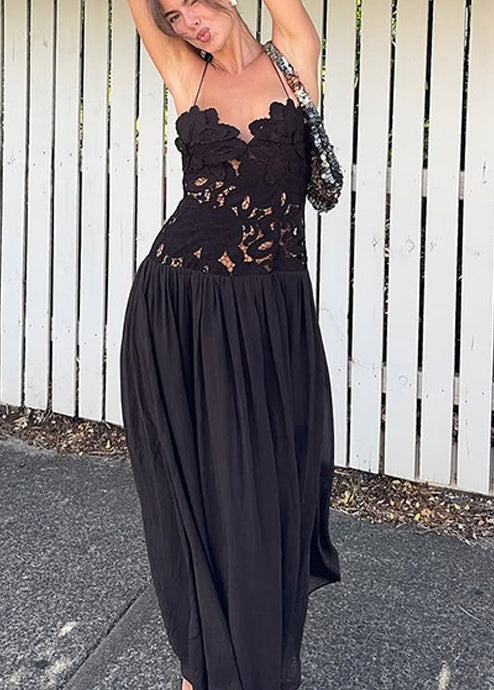 Stephanie Flower Crochet Lace Bust Chiffon Fluffy Hem Maxi Dress