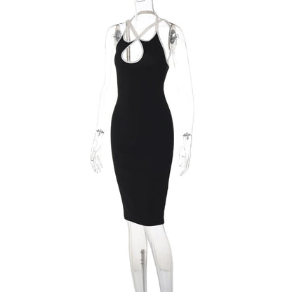 Cross front halter hollow out backless cut out midi dress