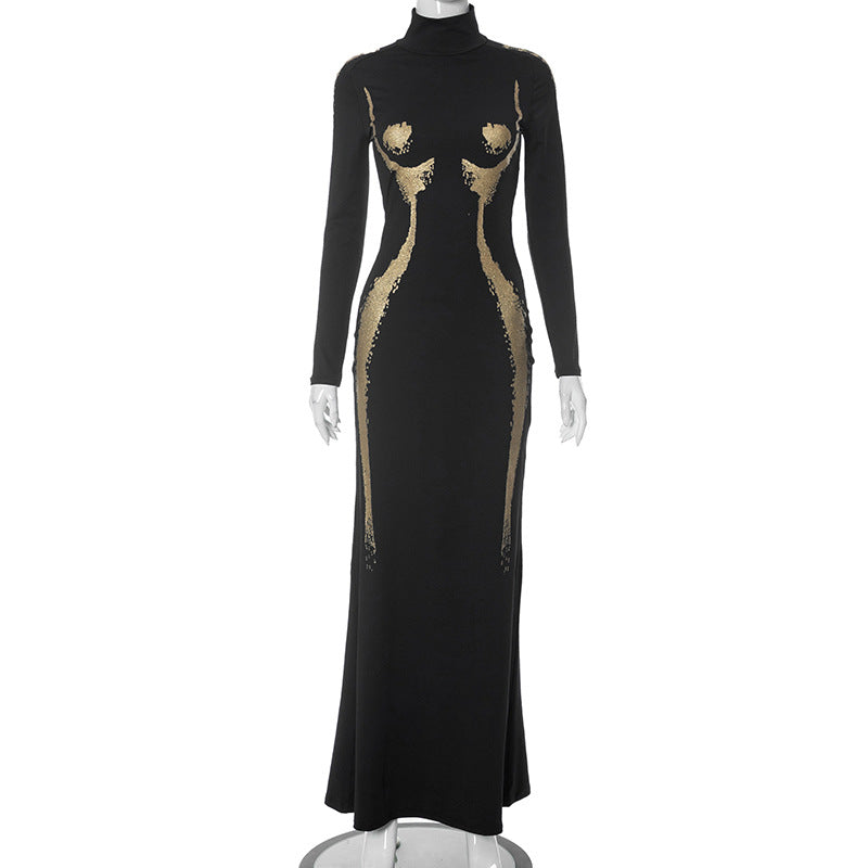 Mock Neck Long Sleeve Sequin Body Contour Illusion Bodycon Maxi Dress