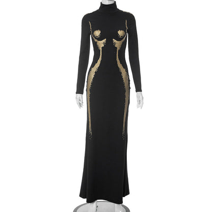 Mock Neck Long Sleeve Sequin Body Contour Illusion Bodycon Maxi Dress