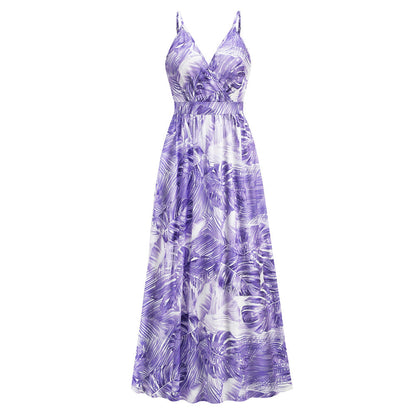 Palm Leaf Print Deep V Empire Waist A Line Maxi Dress