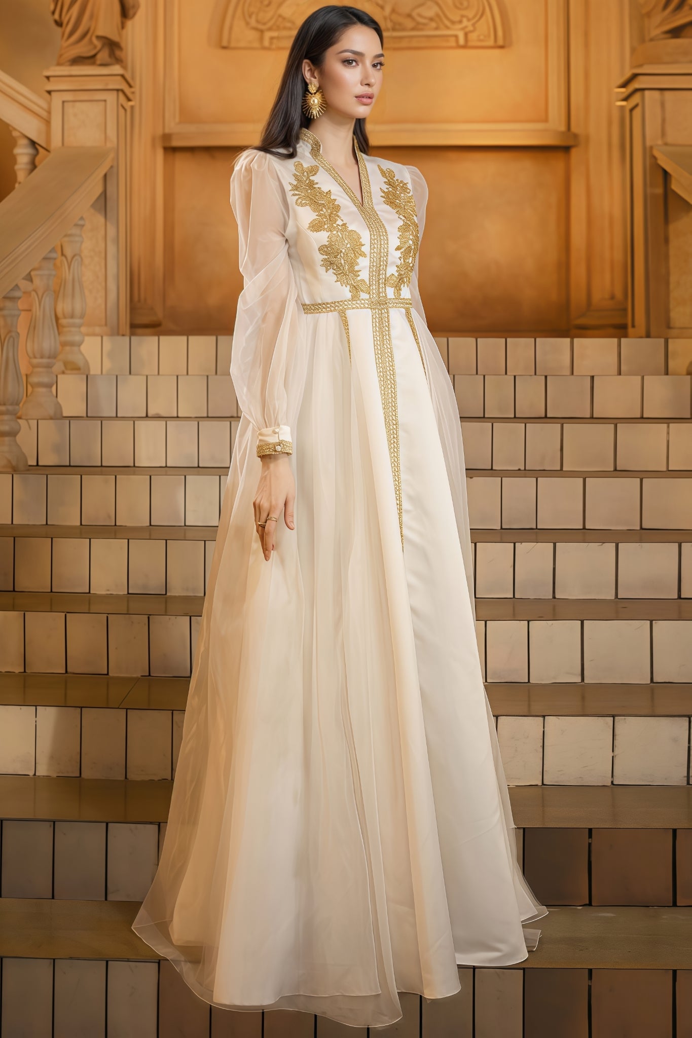 Isabef V-neck Embroidered Mesh Maxi Dress