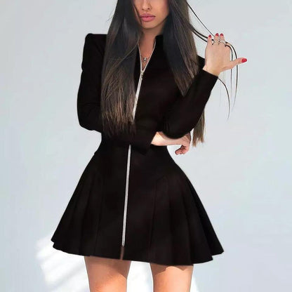 Mock Neck Long Sleeve Pleated Faux Leather Mini Dress