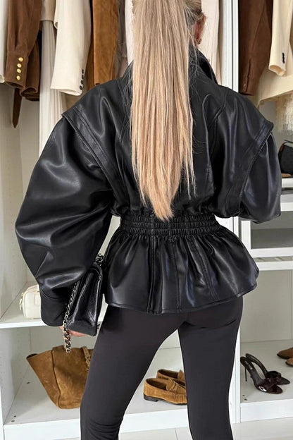 Play It Cool Faux Leather Single Button Elastic Waist Lapel Moto Jacket